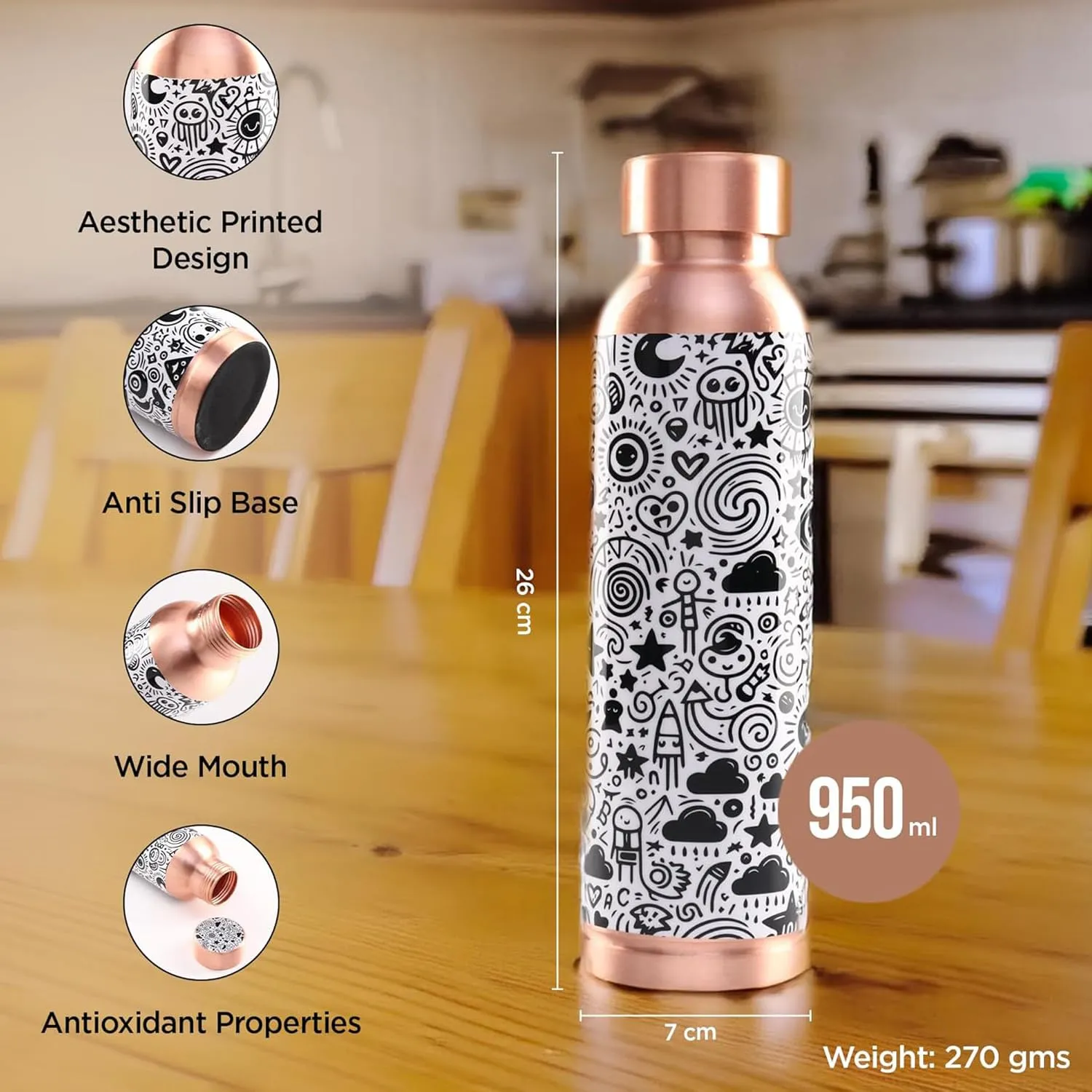 Kuber Industries Pack of 3 Copper Water Bottle - Eco-Friendly & Leakproof Tamaba Bottle for Office/Gym/Yoga/College, Men & Women | 950ml | Lining Design