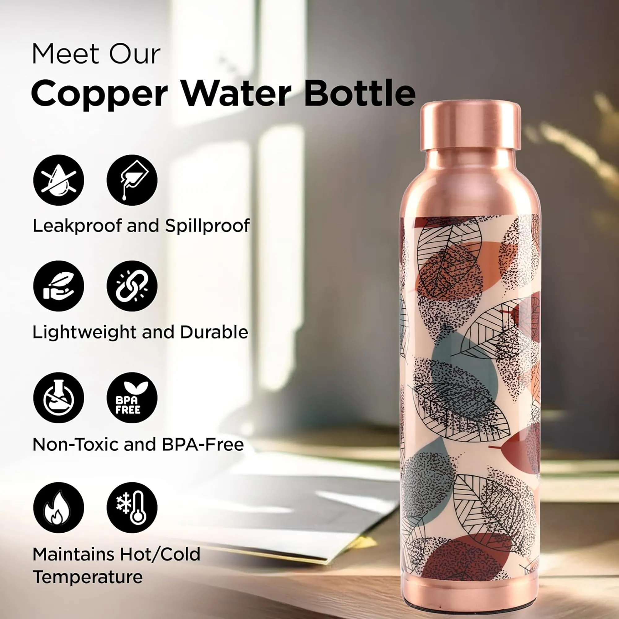 Kuber Industries Pack of 5 Copper Water Bottle - 950ml Leakproof Non-Toxic Tamaba Bottle for Office/Gym/Yoga/College, Men & Women - Beige Printed