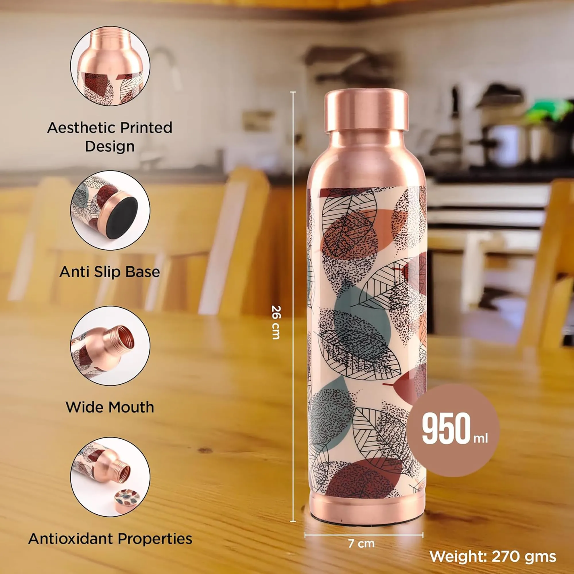 Kuber Industries Pack of 5 Copper Water Bottle - 950ml Leakproof Non-Toxic Tamaba Bottle for Office/Gym/Yoga/College, Men & Women - Beige Printed