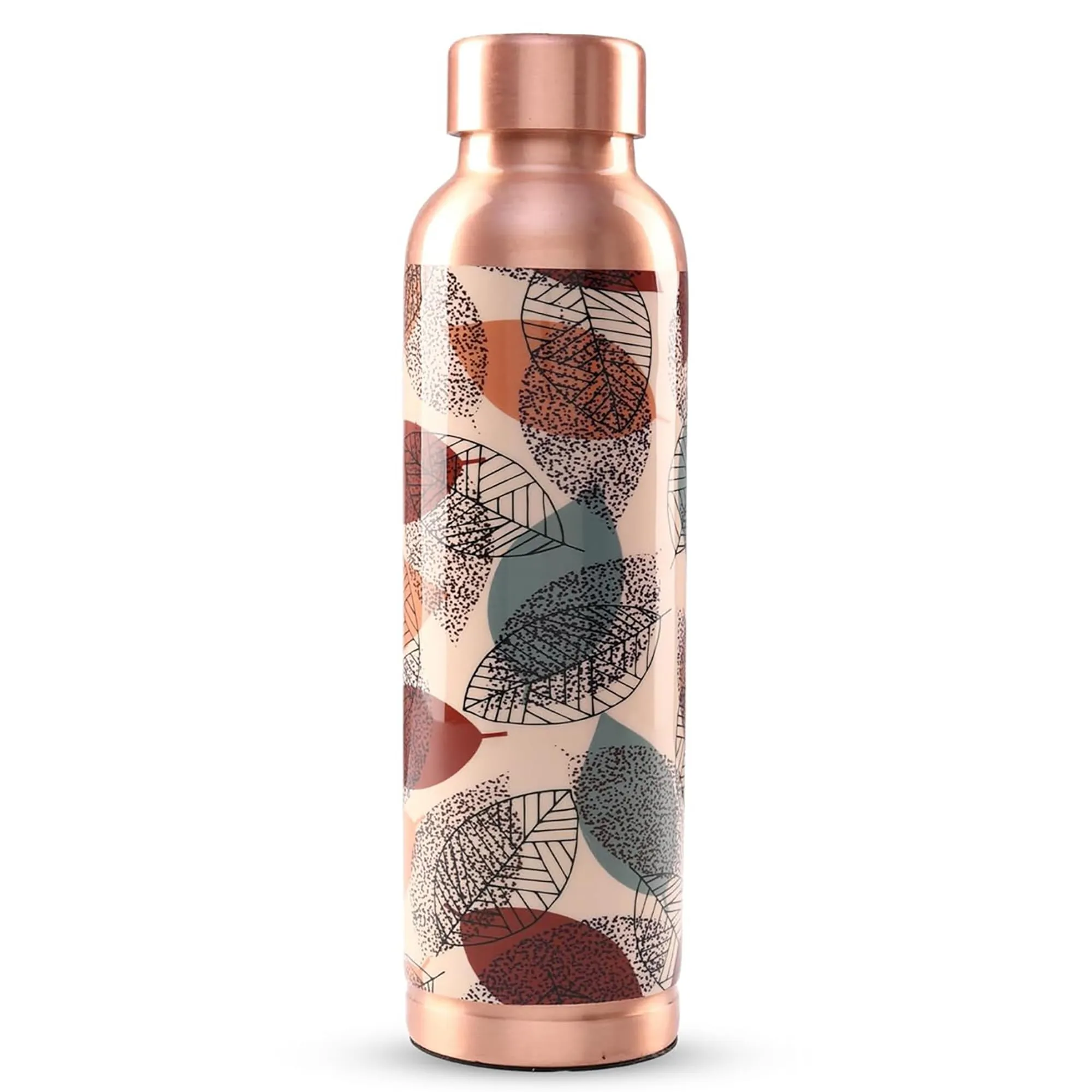 Kuber Industries Pack of 5 Copper Water Bottle - 950ml Leakproof Non-Toxic Tamaba Bottle for Office/Gym/Yoga/College, Men & Women - Beige Printed