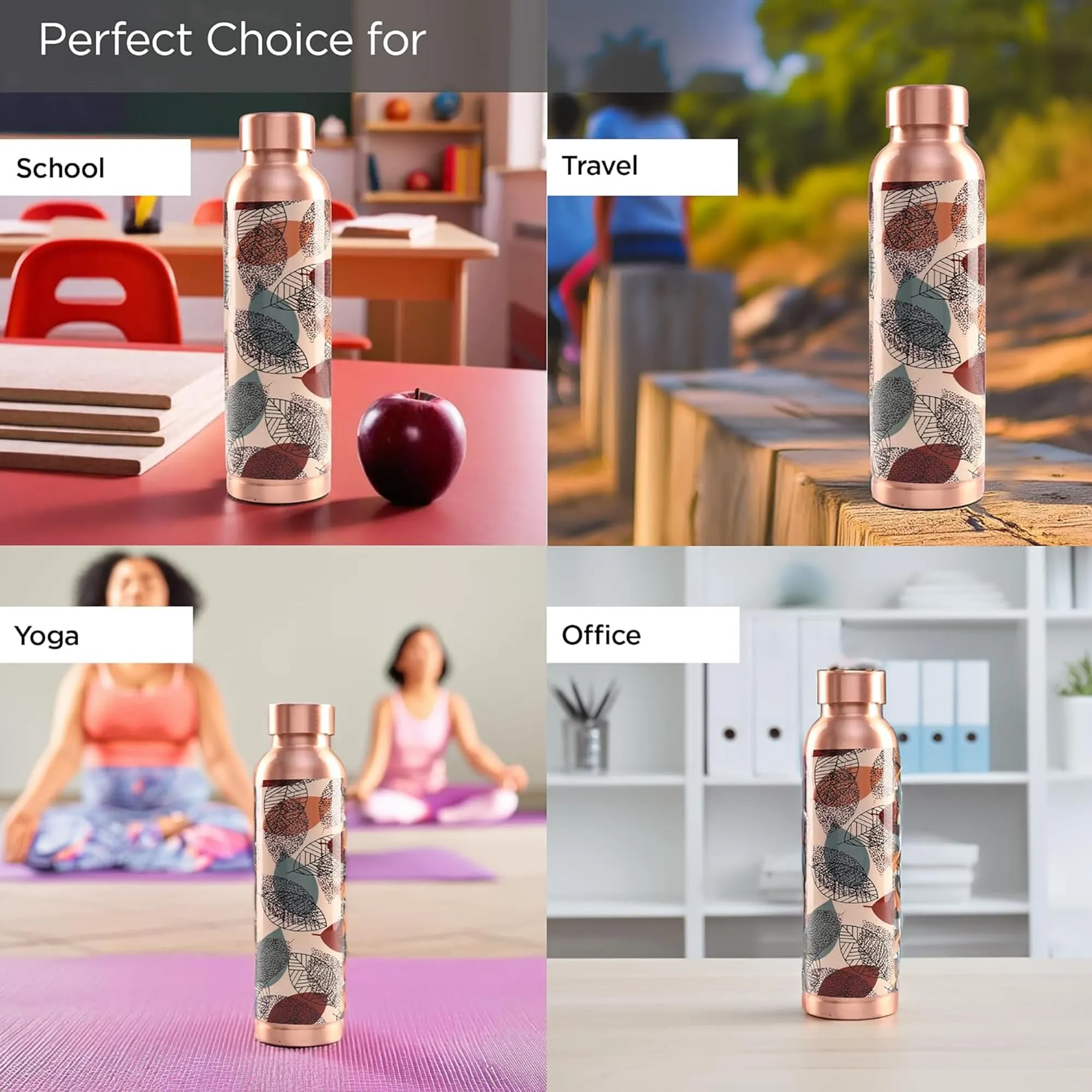 Kuber Industries Pack of 5 Copper Water Bottle - 950ml Leakproof Non-Toxic Tamaba Bottle for Office/Gym/Yoga/College, Men & Women - Beige Printed