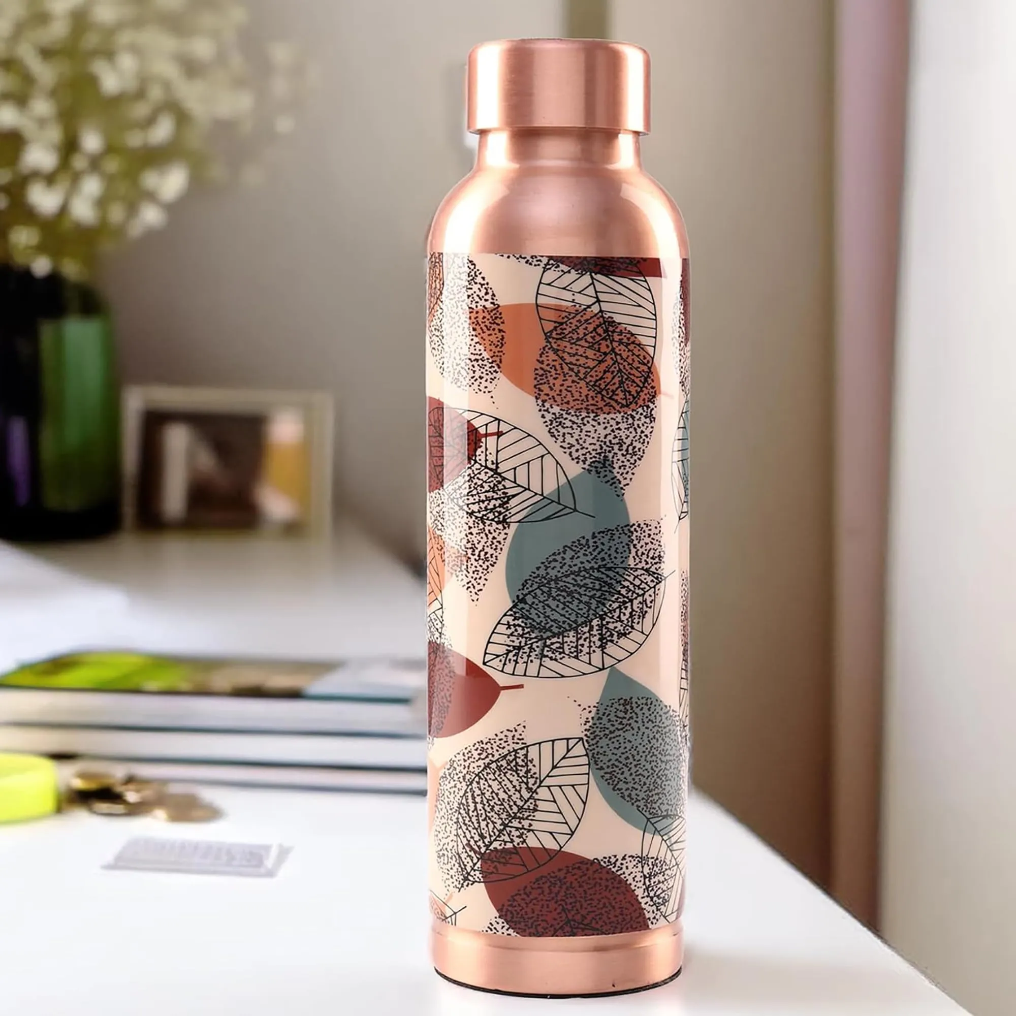 Kuber Industries Pack of 5 Copper Water Bottle - 950ml Leakproof Non-Toxic Tamaba Bottle for Office/Gym/Yoga/College, Men & Women - Beige Printed