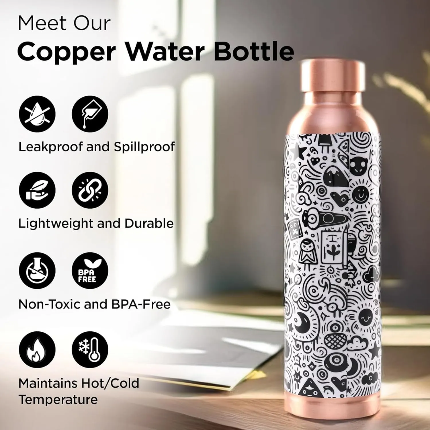 Kuber Industries Pack of 5 Copper Water Bottle - Eco-Friendly & Leakproof Tamaba Bottle for Office/Gym/Yoga/College, Men & Women | 950ml | Lining Design