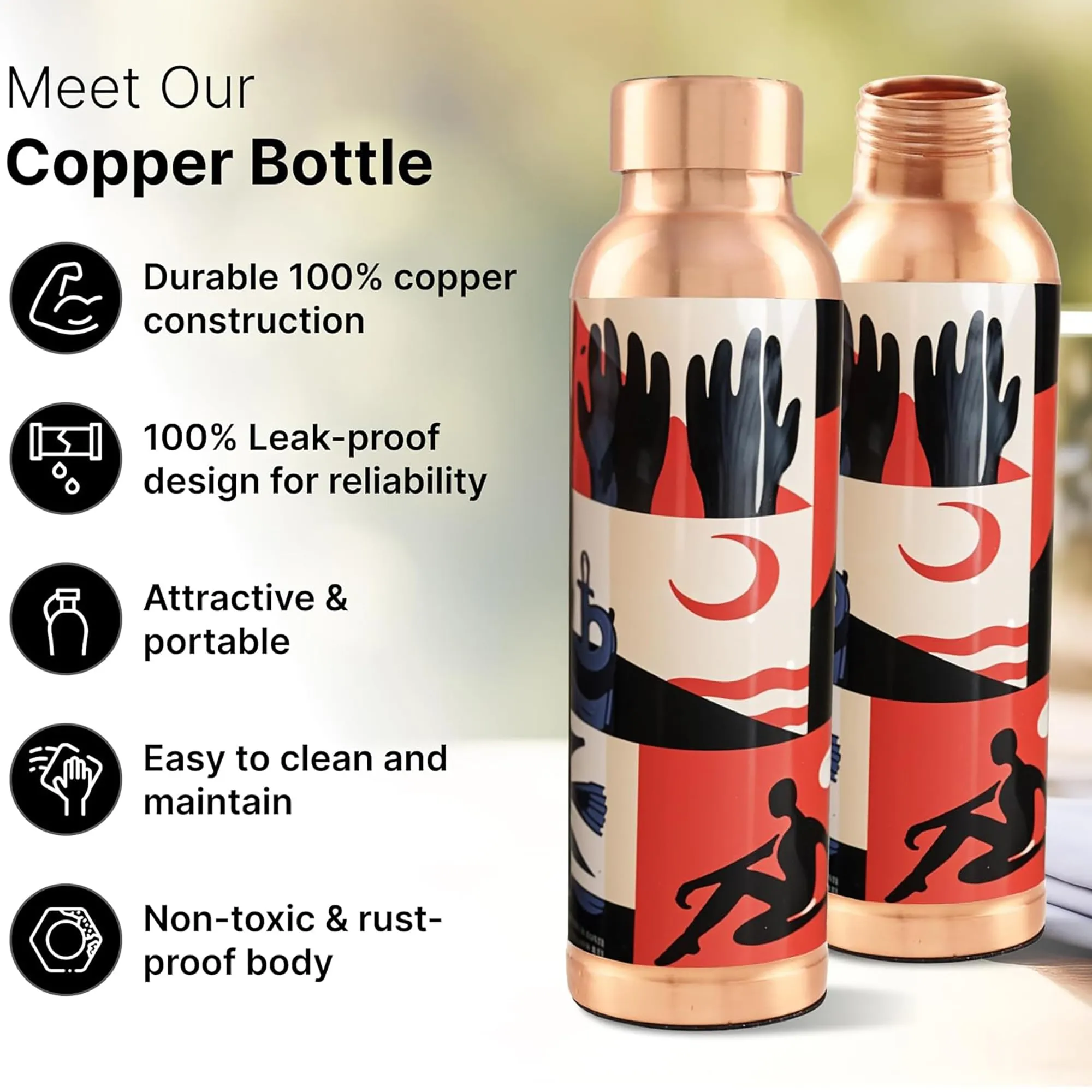 Kuber Industries Pack of 6 Copper Water Bottle - 950ml Leakproof Tamaba Bottle for Office/Gym/Yoga/College, Men & Women - Saharan Sunset Print