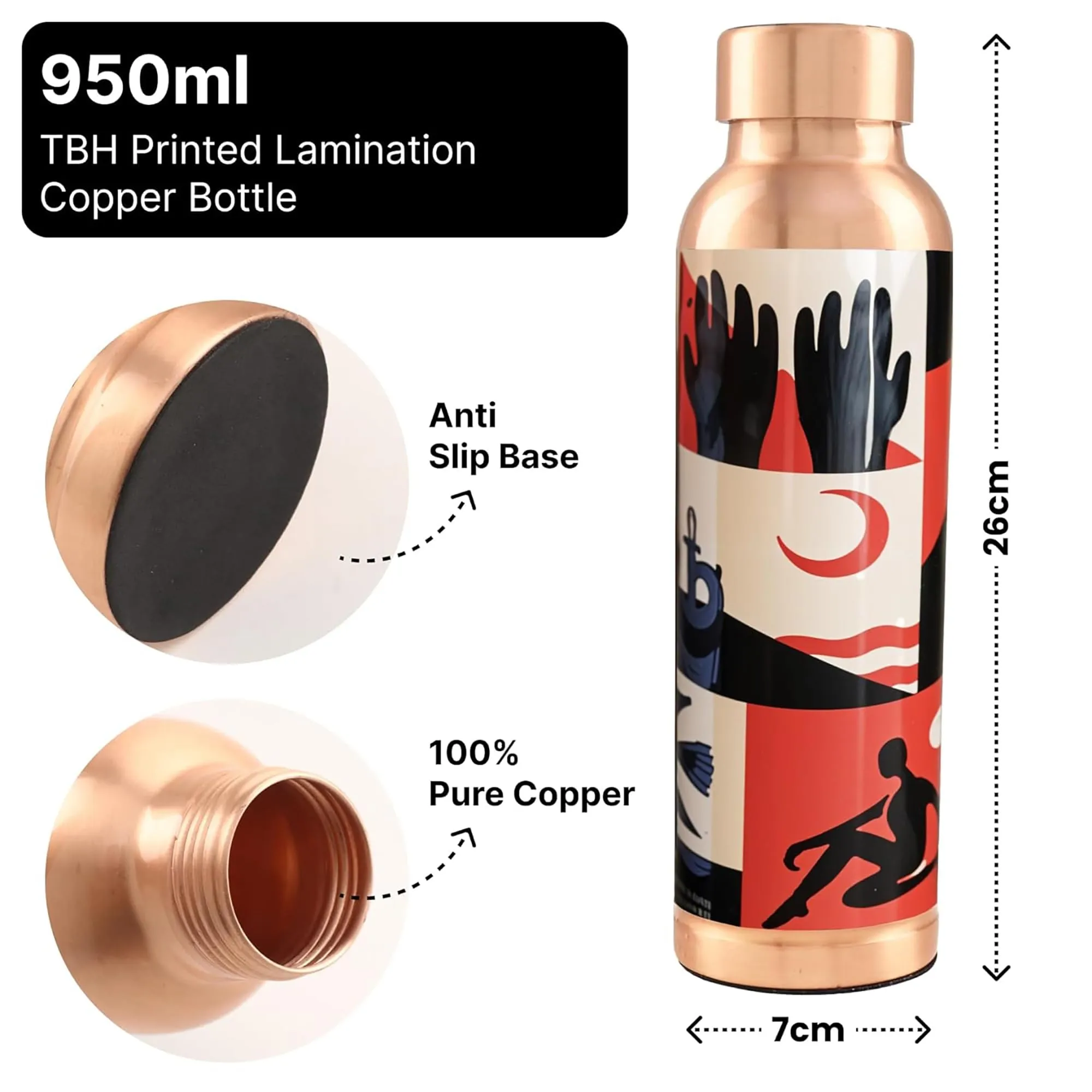 Kuber Industries Pack of 6 Copper Water Bottle - 950ml Leakproof Tamaba Bottle for Office/Gym/Yoga/College, Men & Women - Saharan Sunset Print