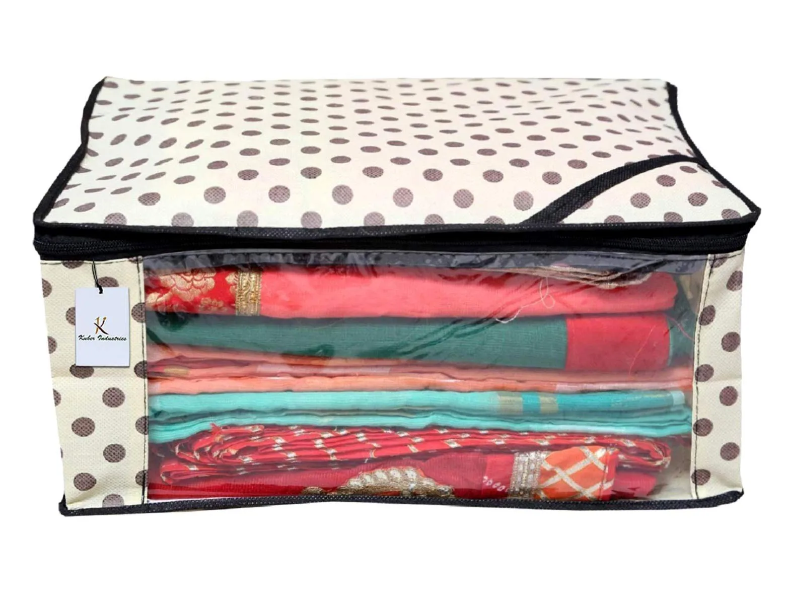 Kuber Industries Polka Dots Printed Non Woven 3 Pieces Saree Cover And 2 Pieces Underbed Storage Bag, Cloth Organizer For Storage, Blanket Cover Combo Set (Ivory) -CTLTC038645