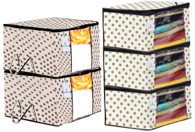 Kuber Industries Polka Dots Printed Non Woven 3 Pieces Saree Cover And 2 Pieces Underbed Storage Bag, Cloth Organizer For Storage, Blanket Cover Combo Set (Ivory) -CTLTC038645