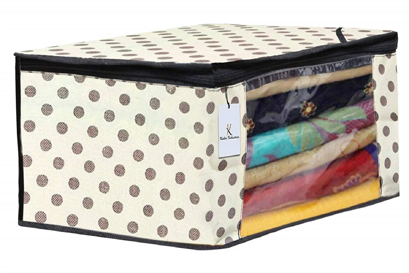 Kuber Industries Polka Dots Printed Non Woven 3 Pieces Saree Cover And 2 Pieces Underbed Storage Bag, Cloth Organizer For Storage, Blanket Cover Combo Set (Ivory) -CTLTC038645