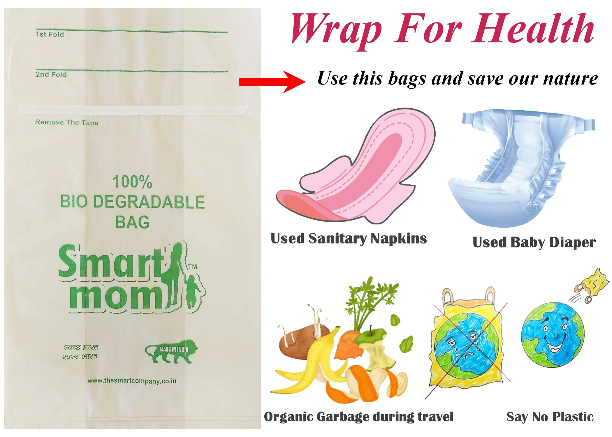 LifeKrafts Plastic Smart Mom Disposable Scented, Bio-Degradable And Eco Friendly Diaper Bags (White) - Pack of 100