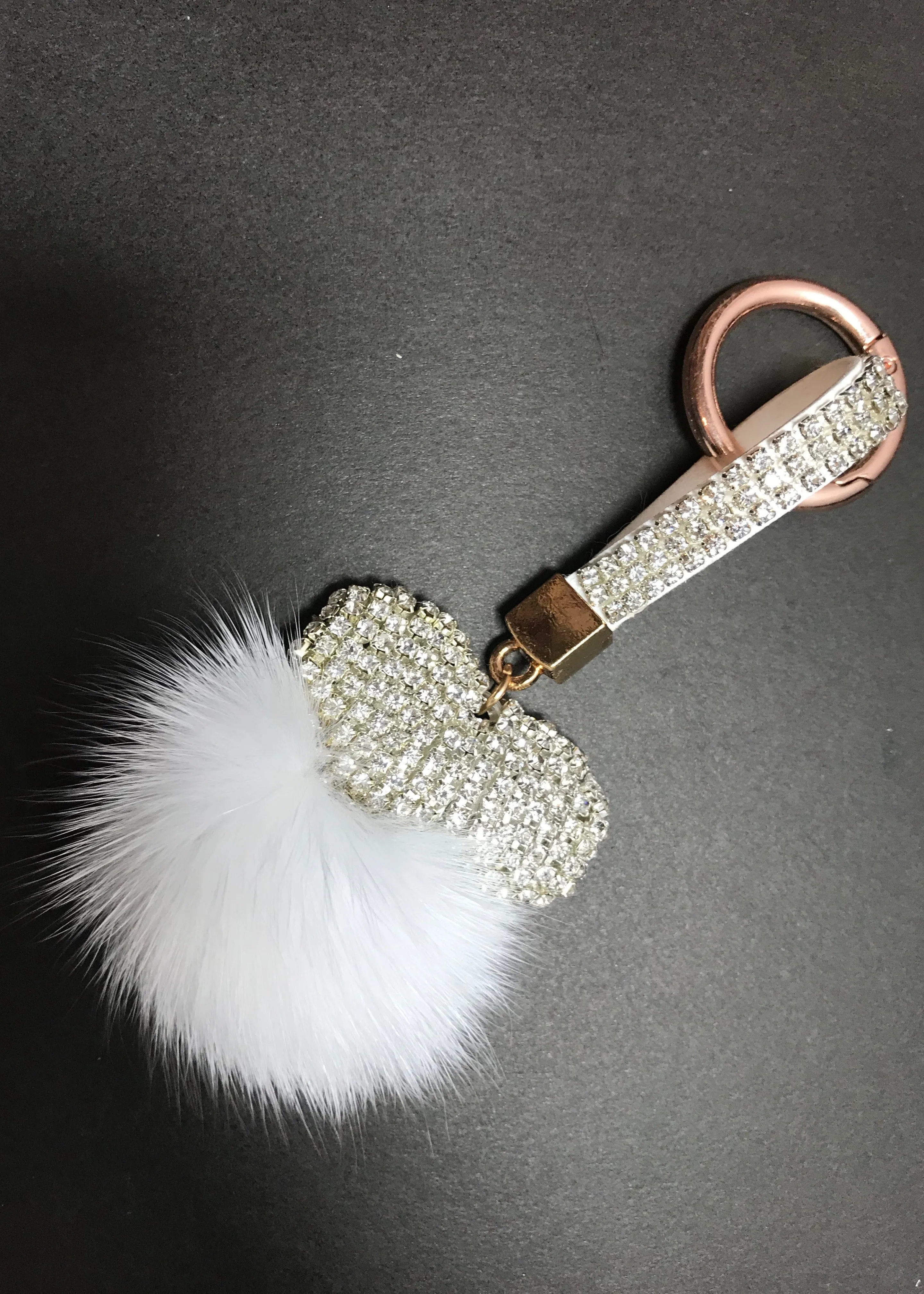 Limited Edition Heart Fur Key Ring in Grey or White Diamond Encrusted