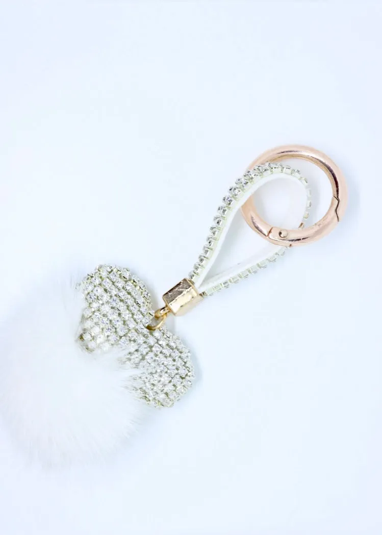 Limited Edition Heart Fur Key Ring in Grey or White Diamond Encrusted