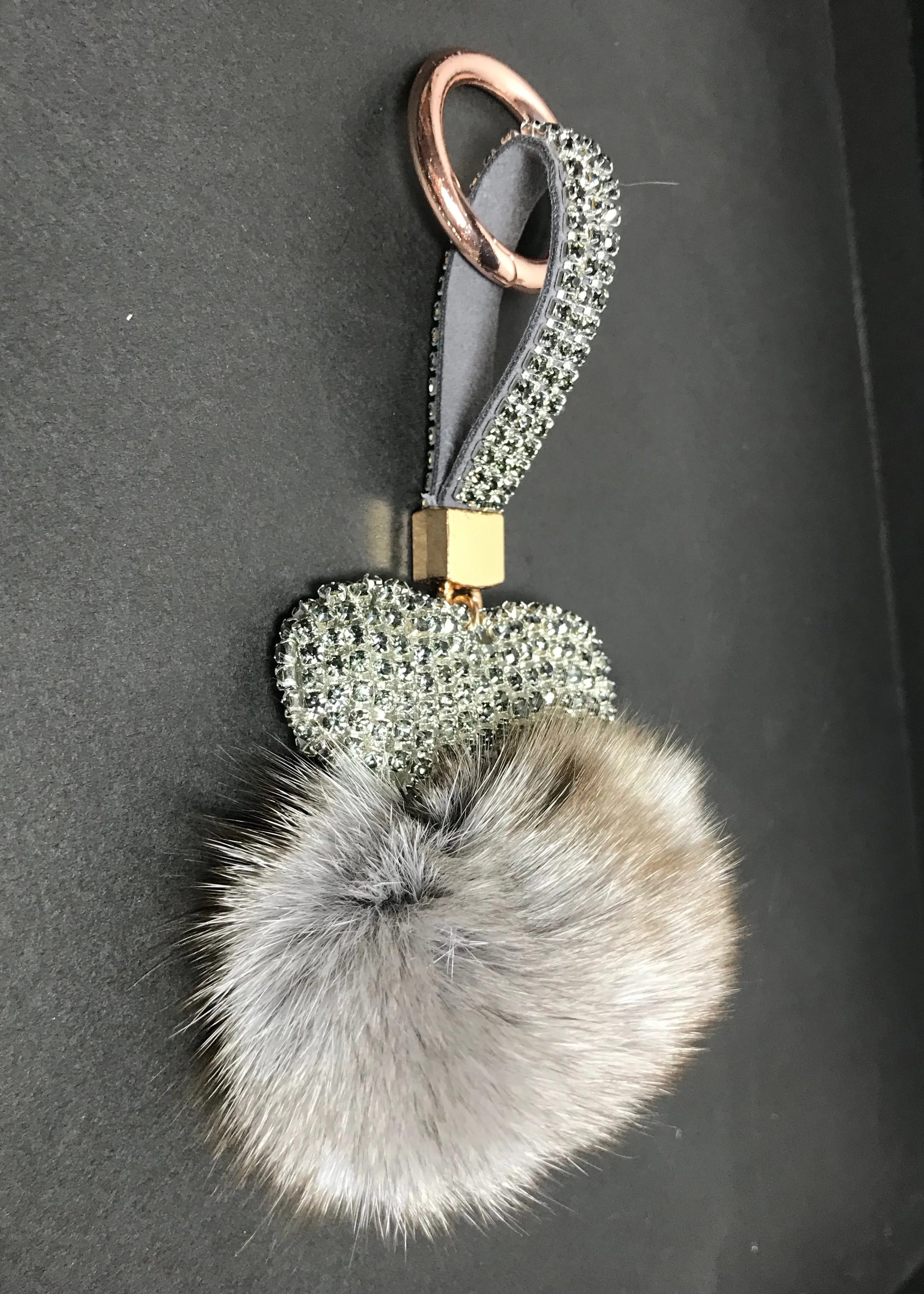 Limited Edition Heart Fur Key Ring in Grey or White Diamond Encrusted