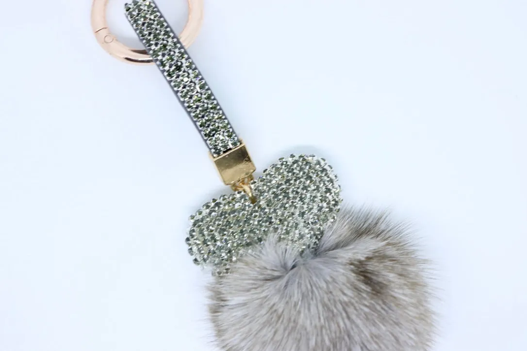 Limited Edition Heart Fur Key Ring in Grey or White Diamond Encrusted