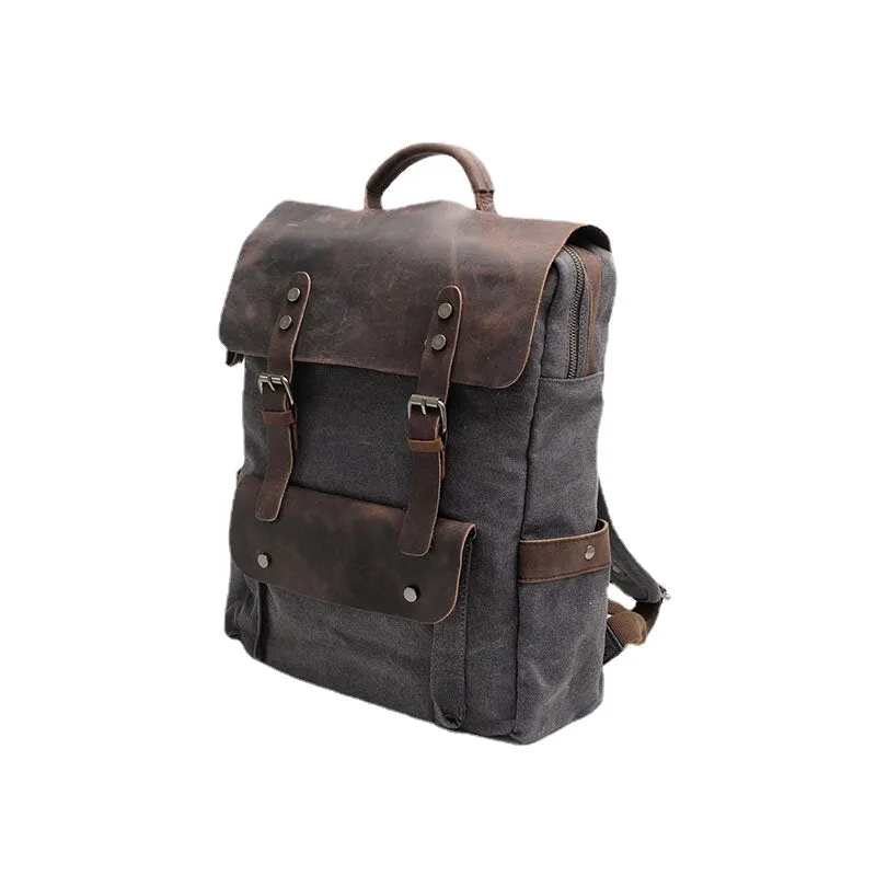 Men Retro Vintage Multifunction Canvas Leather Anti-theft Backpack