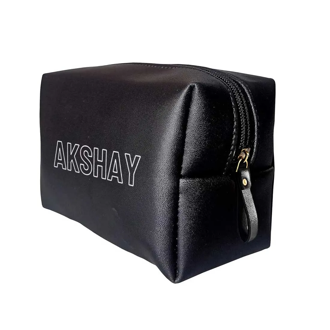 Mens Travel Pouch Bag with Name- Black PU Leather Pouch