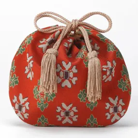 Nishijin-ori Small Drawstring Bag - Flower / Red -,  Made in Kyoto, Japan,  Japanese traditional craft purse