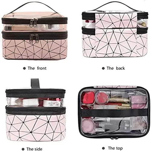 Oceanevo Dual Layer Makeup Bag, Makeup Pouch for Women, Cosmetic Bag for Storage of Toiletries and Brushes - 21 x 17 x 15 cm - Pink