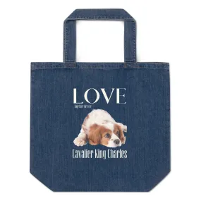 Organic denim tote bag, Cavalier King Charles Lovers