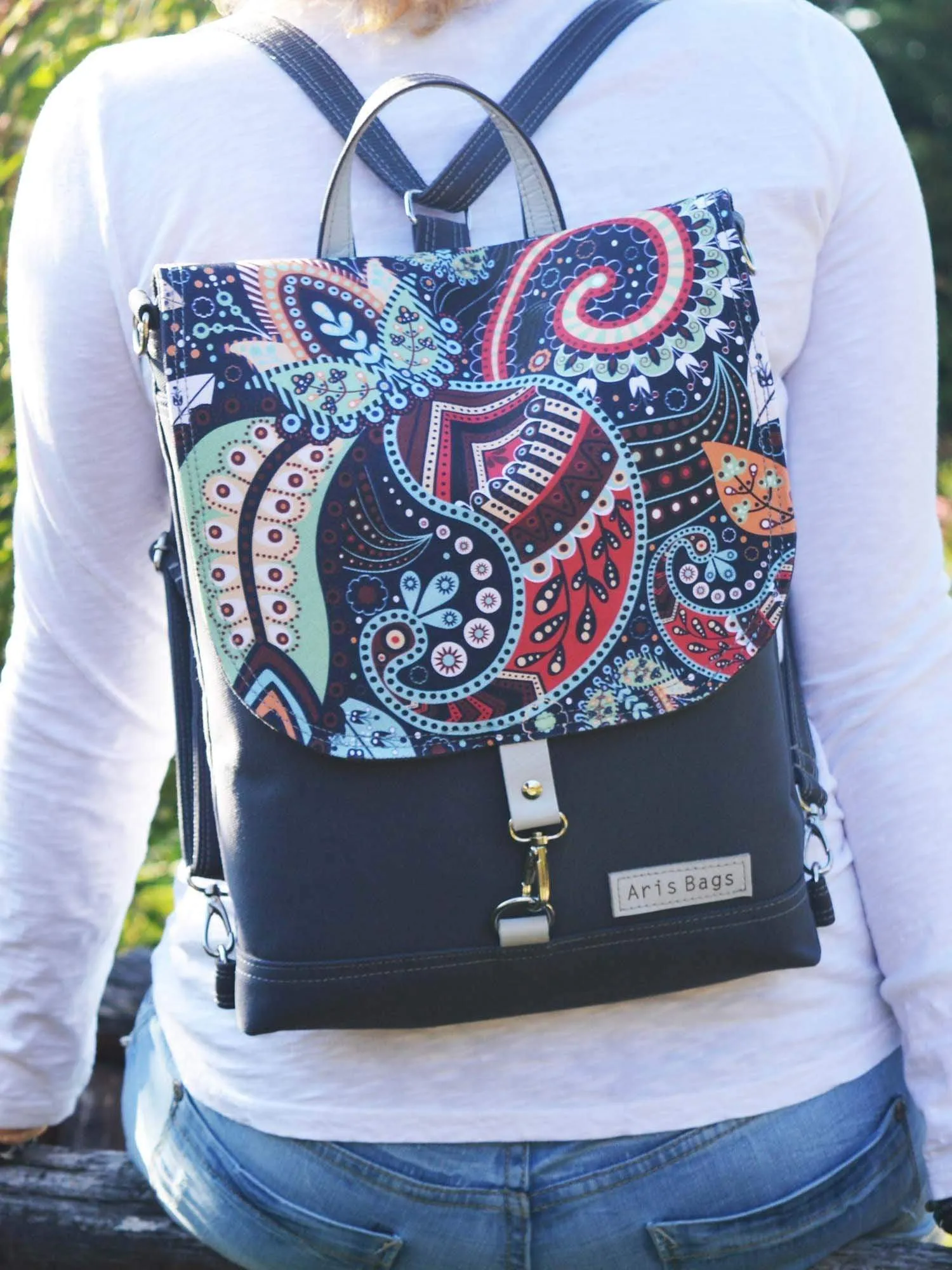 Paisley Design Flap Backpack, Slim Boho rucksack | Aris Bags