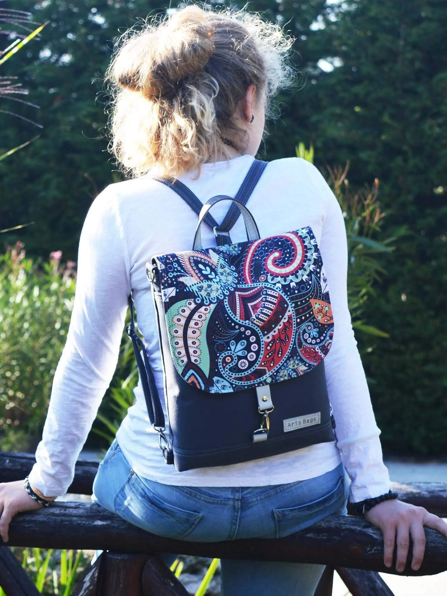 Paisley Design Flap Backpack, Slim Boho rucksack | Aris Bags