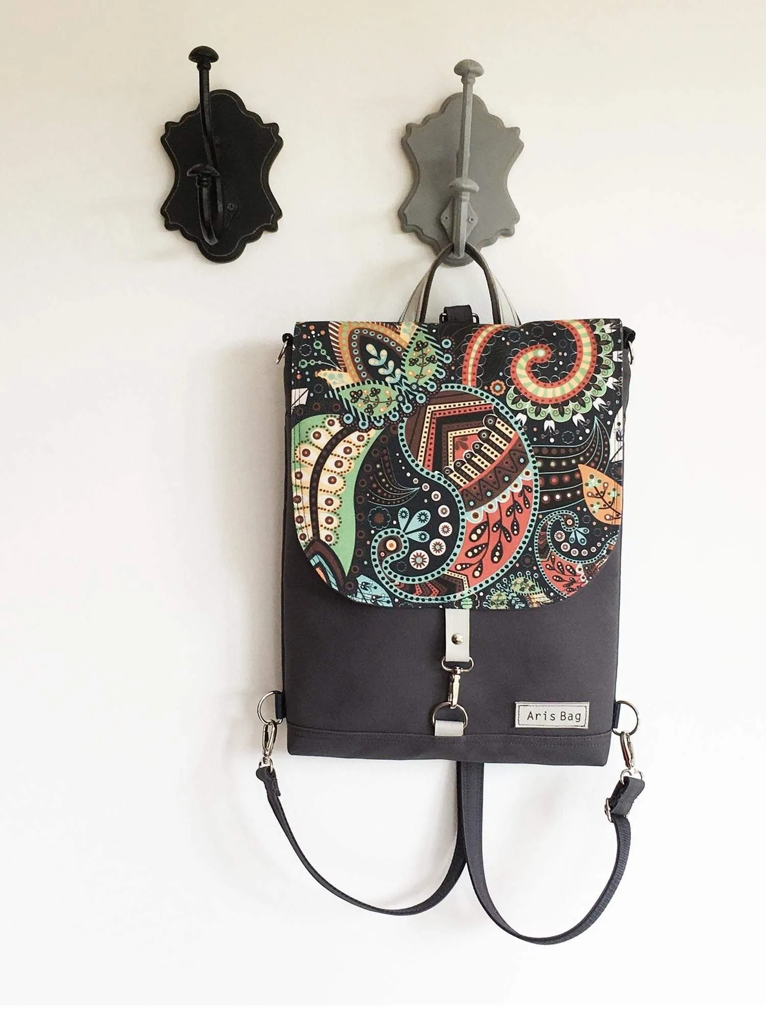 Paisley Design Flap Backpack, Slim Boho rucksack | Aris Bags