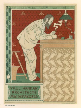 Paul Hankar Architect by Adolphe Crespin, Art Nouveau lithograph, 1897