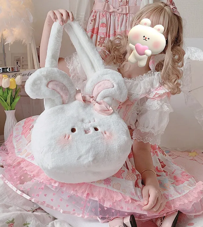 Plush White Pink Rabbit Bunny Big Bow Ribbon Doll Messenger Handbag Bag