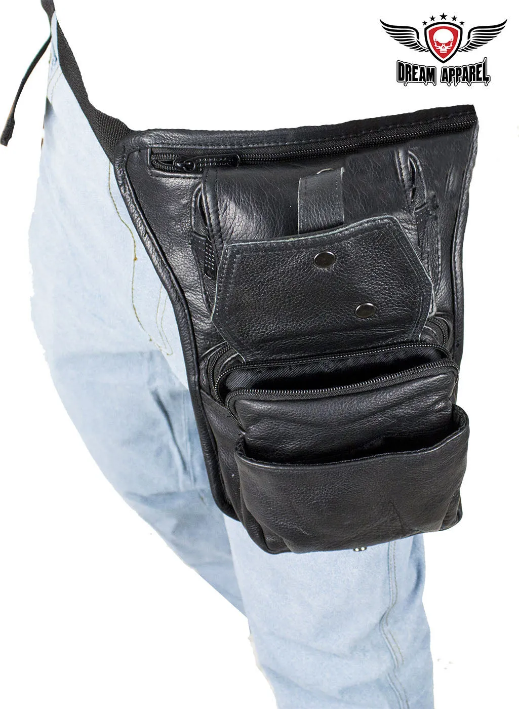 Premier Black Leather Multi Pocket Thigh Bags with Gun Pocket