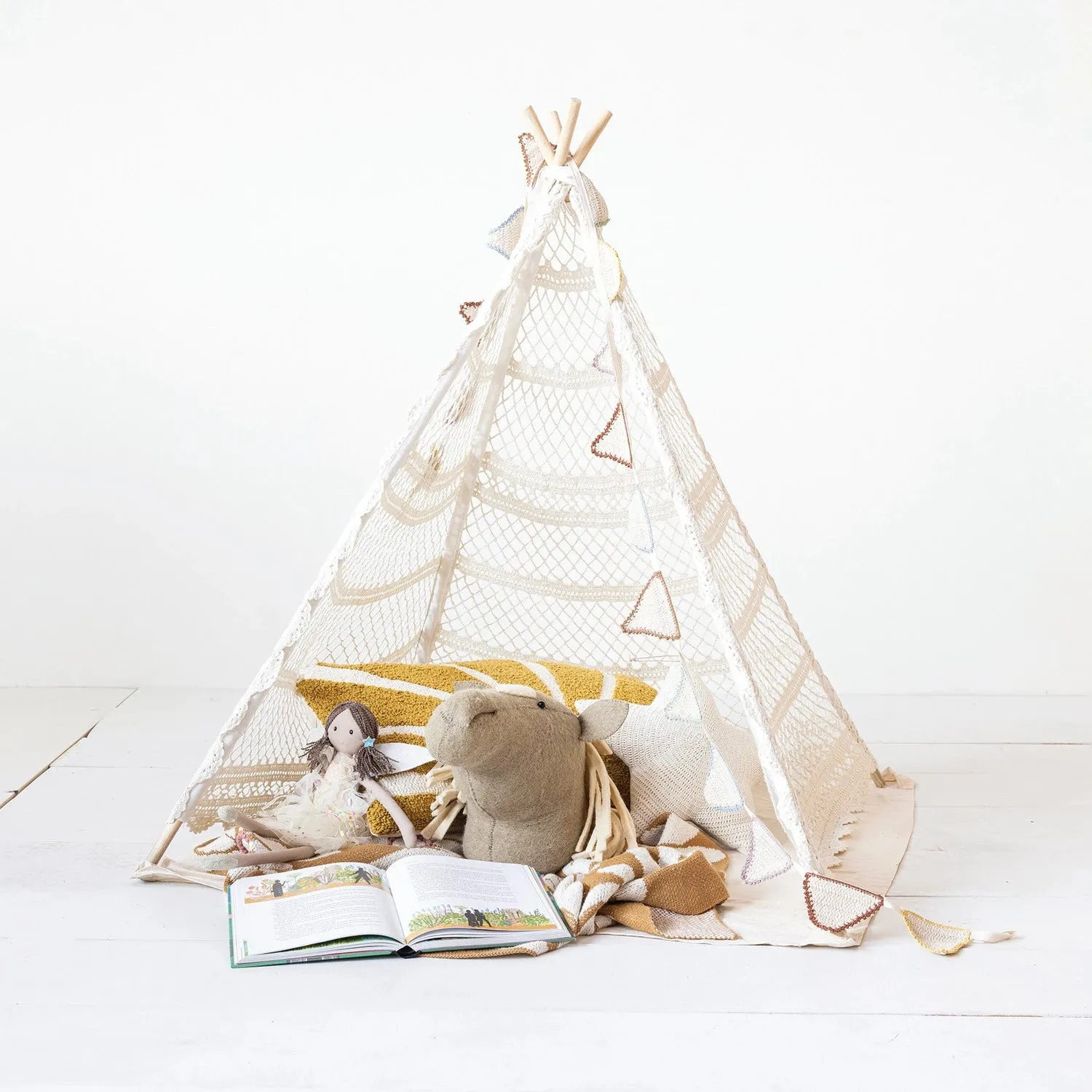 Recycled Cotton Crocheted & Wood Teepee in Bag w/ Mat