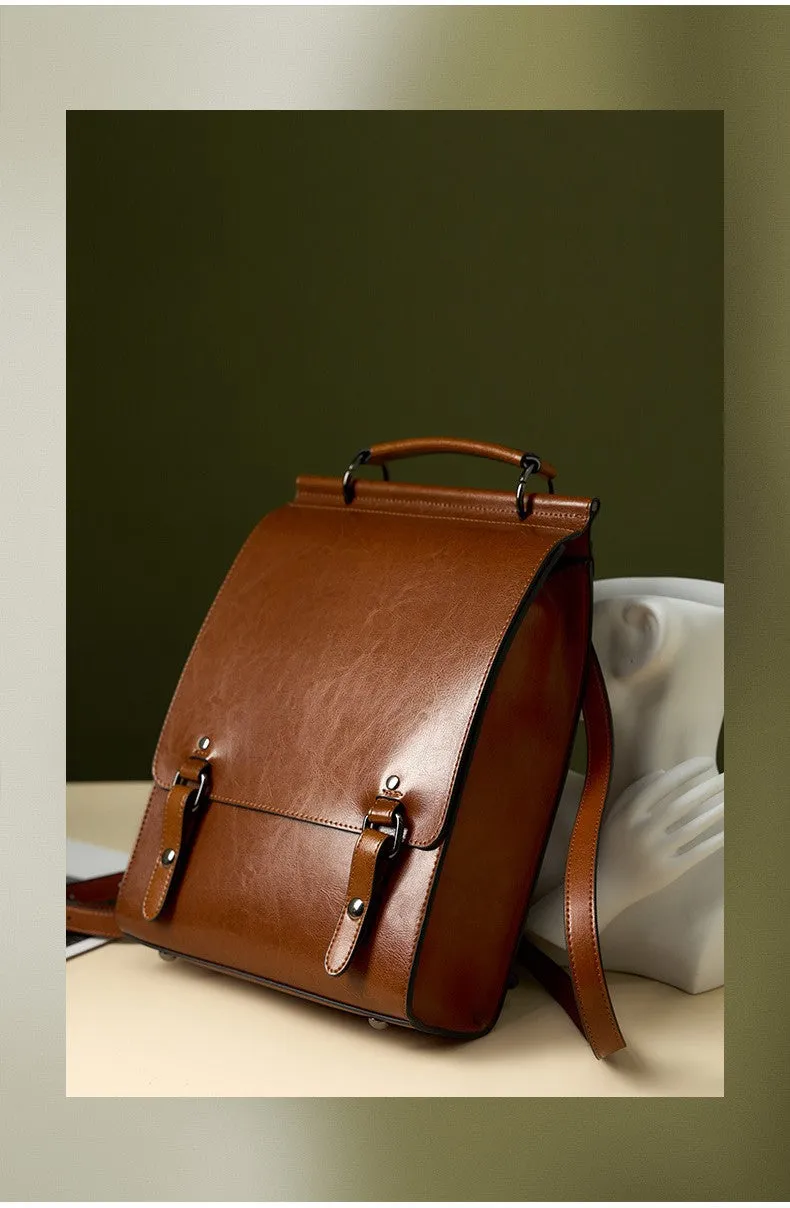 Retro college style genuine leather backpack 2090 brown