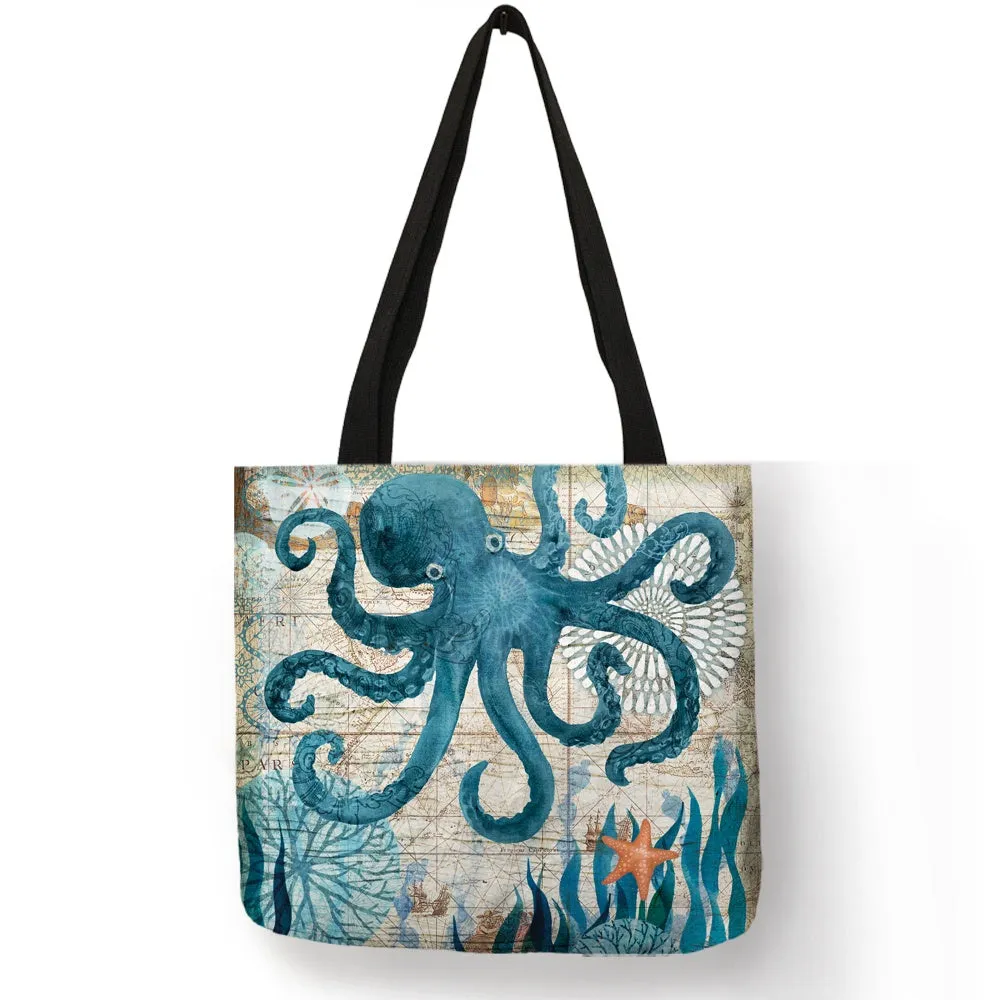 Reusable Eco-Friendly Deep Sea Creatures Tote Bags