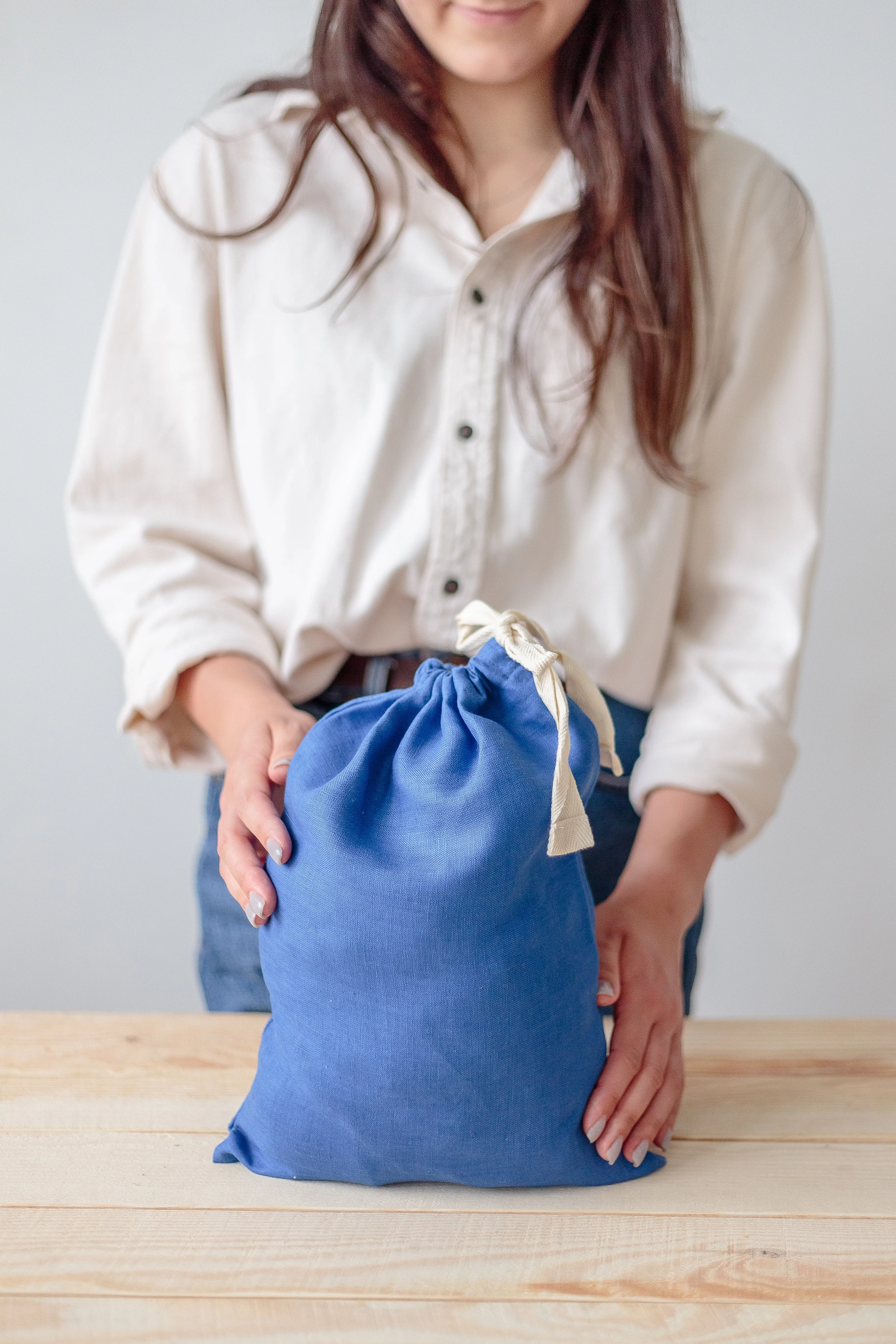 Royal Blue Linen Drawstring Storage Bag