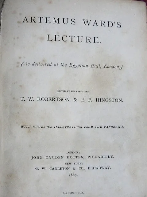 SCARCE Historical Book ARTEMUS WARDS Lecture As Delivered At The Egyptian Hall, London 1869 Mormons Utah Area West to San Francisco Interest Americana Antiquarian Book