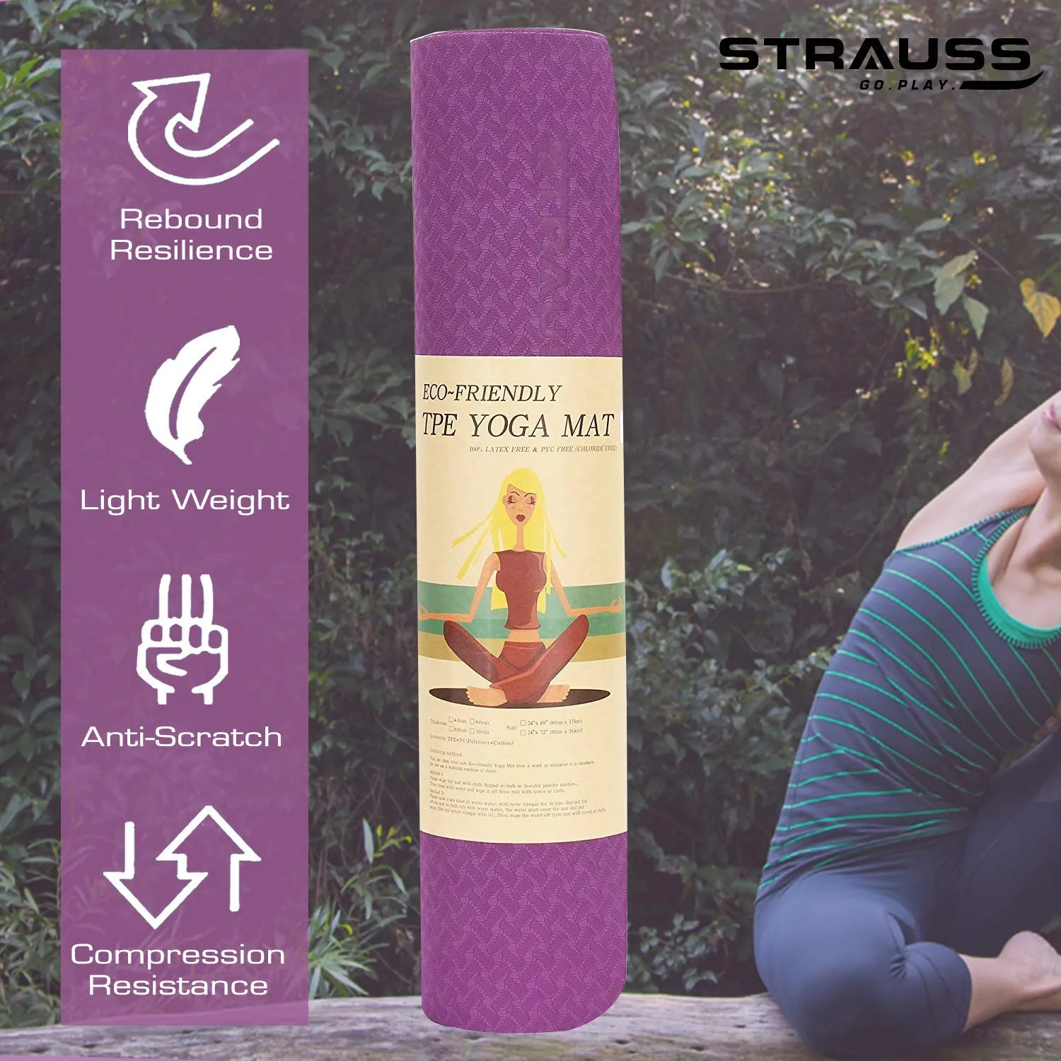 Strauss TPE Eco-Friendly Yoga Mat, 6mm (Purple) and Yoga Knee Pad Cushions, (Pink)