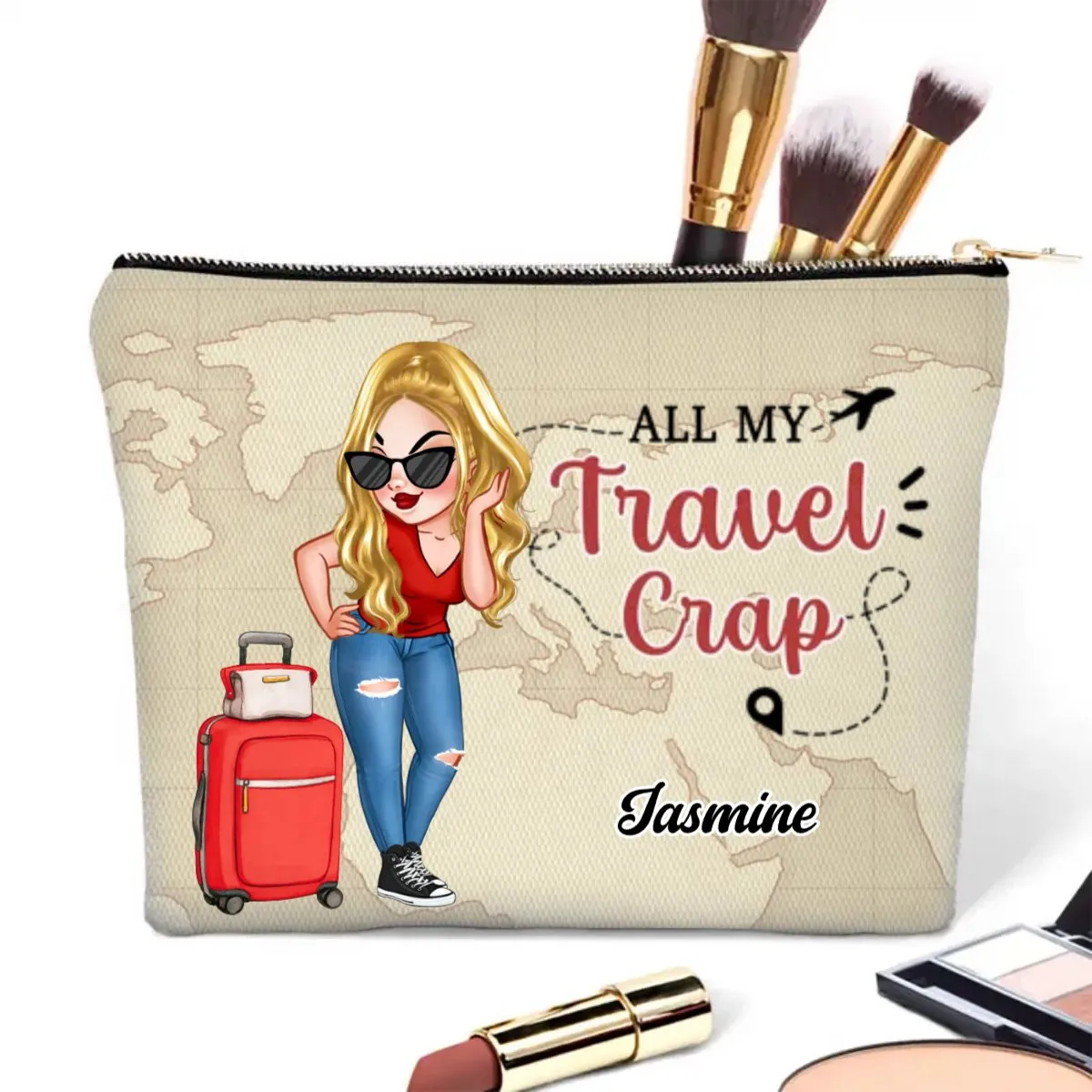 Travel Lovers - All My Travel Crap Cartoon Woman - Personalized Cosmetic Bag