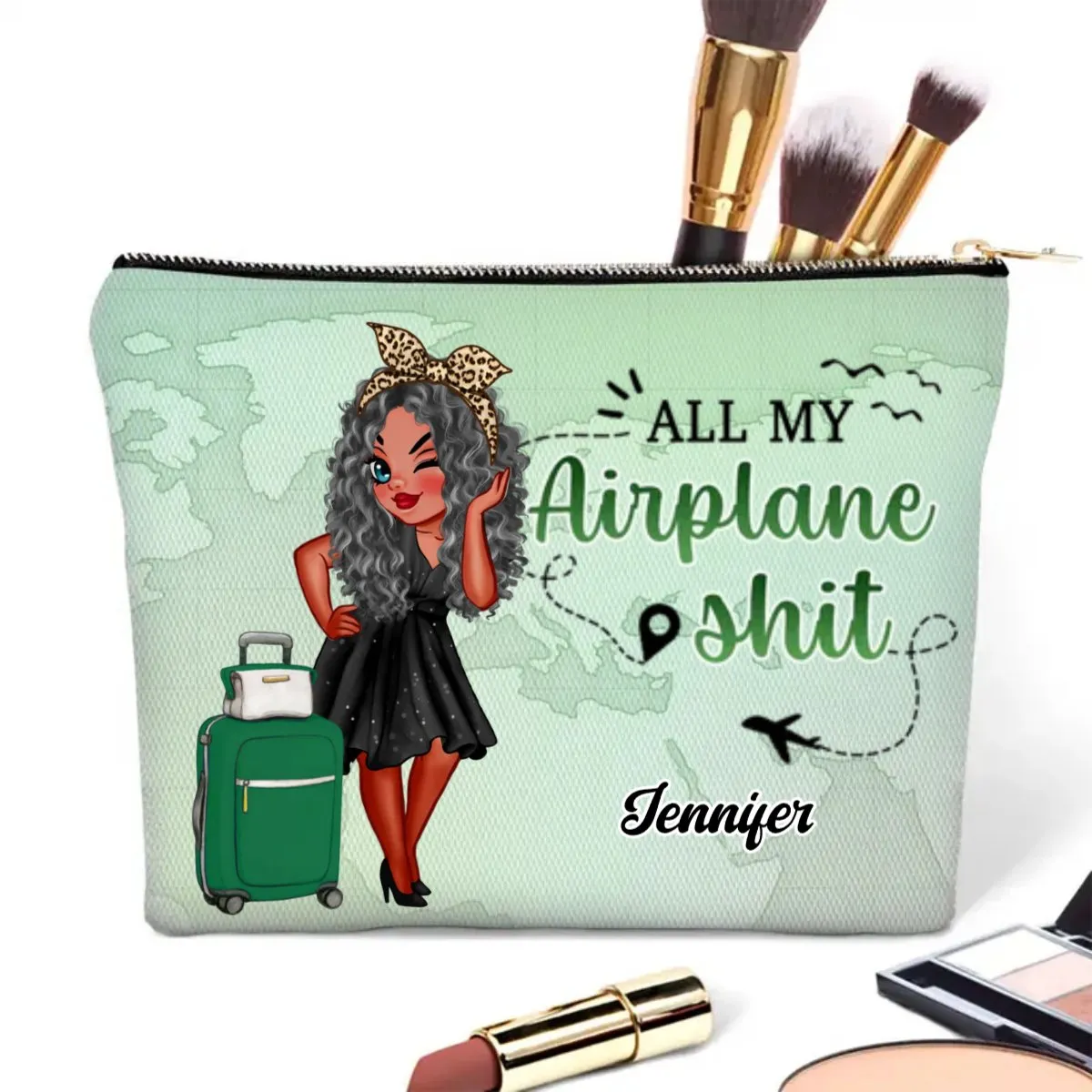 Travel Lovers - All My Travel Crap Cartoon Woman - Personalized Cosmetic Bag