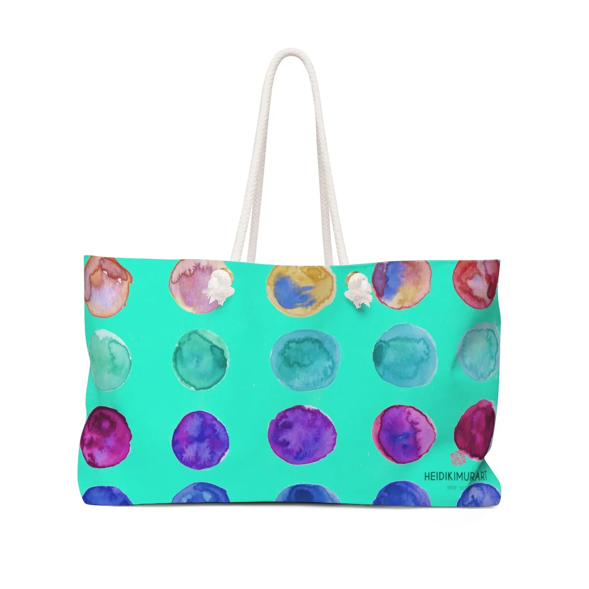 Turquoise Blue Dots Weekender Bag, Designer Colorful Polka Dots 24"x13" Large Tote Bag