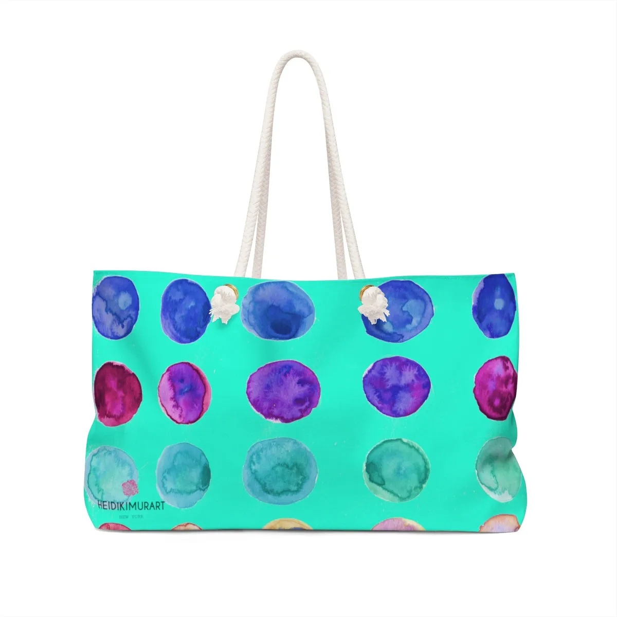 Turquoise Blue Dots Weekender Bag, Designer Colorful Polka Dots 24"x13" Large Tote Bag