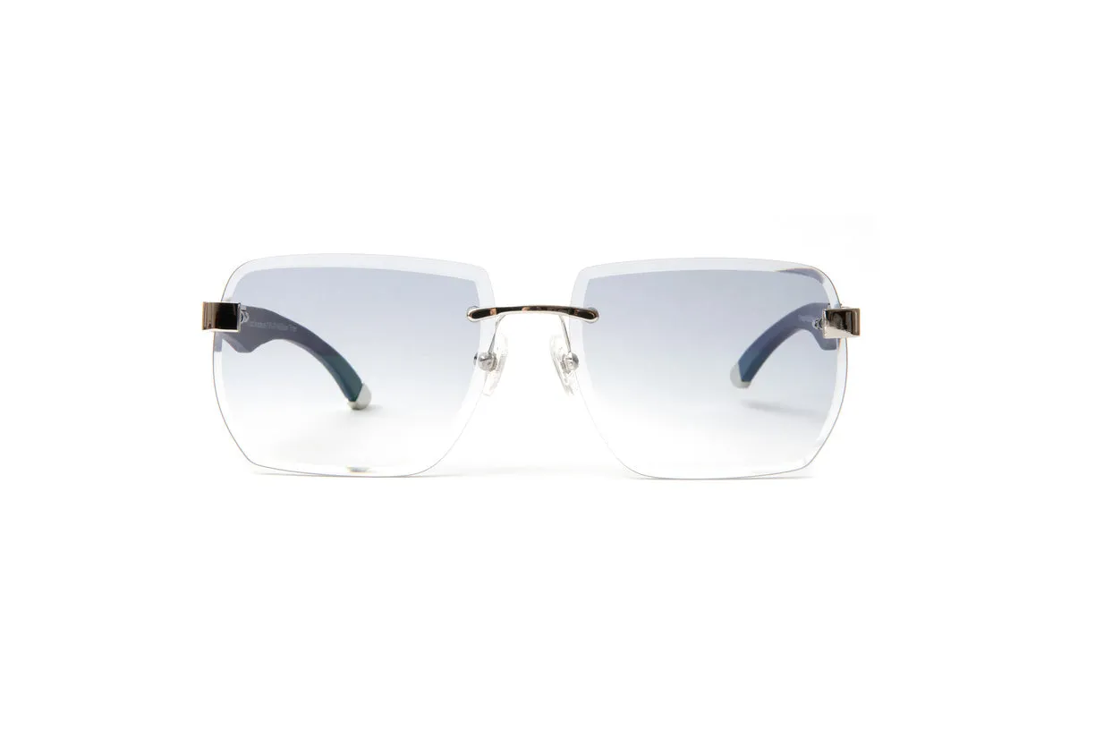 VENDOME Silver & Blue Wood Sunglasses, Gradient Grey Lenses