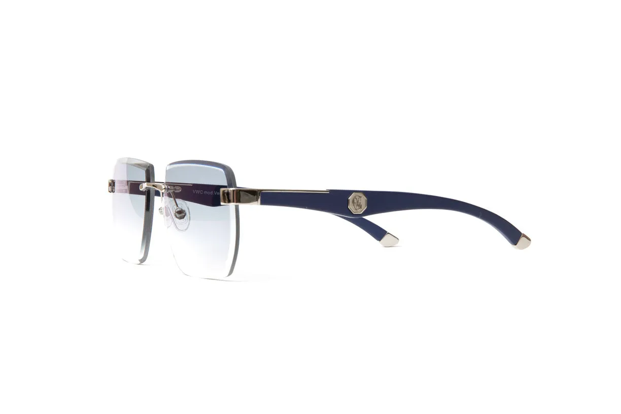 VENDOME Silver & Blue Wood Sunglasses, Gradient Grey Lenses