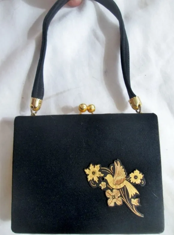 Vtg GOLD BIRD Mini Compact Evening Bag Accessory BLACK Cosmetics Organizer Case