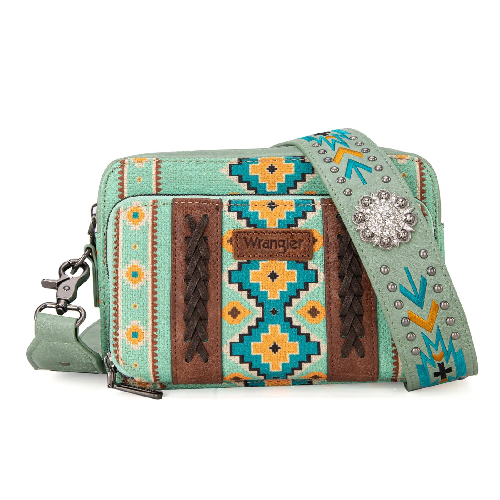 WG2207-3003  Wrangler Aztec Printed Crossbody Purse With Wallet Compartment - Green