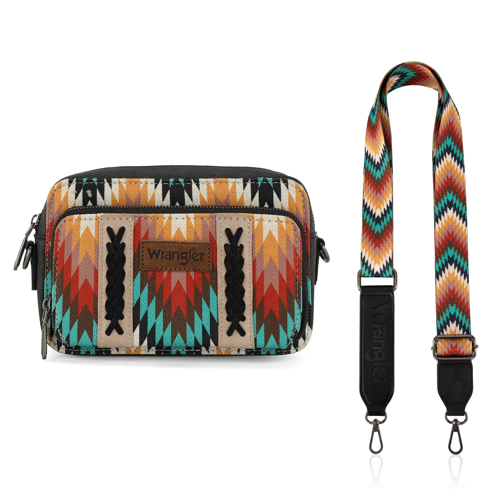 WG2211-3003  Wrangler Southwestern Pattern Dual Sided Print Crossbody Purse With Wallet Compartment - Black