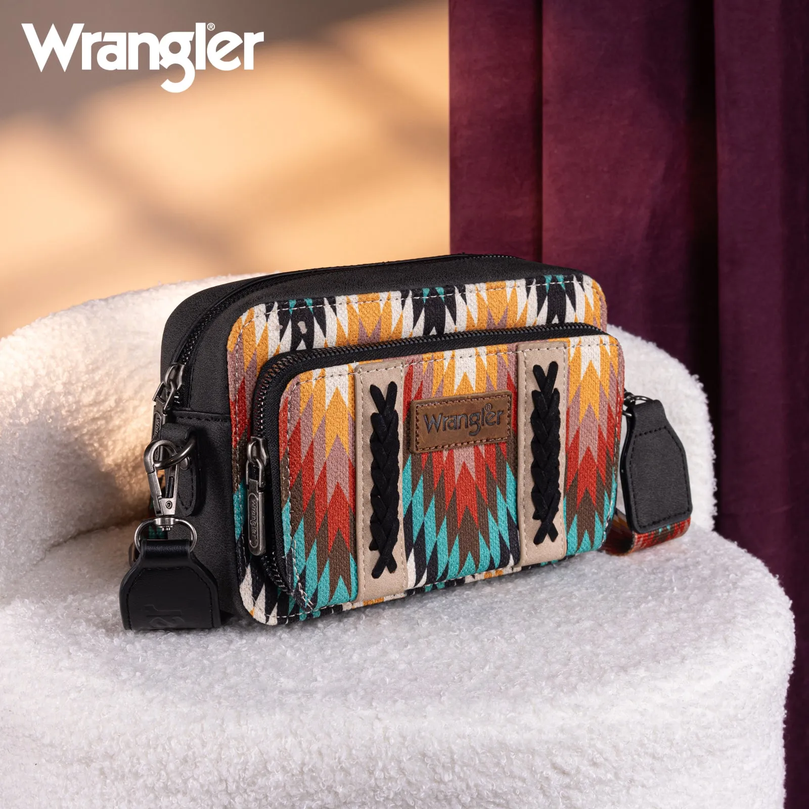 WG2211-3003  Wrangler Southwestern Pattern Dual Sided Print Crossbody Purse With Wallet Compartment - Black