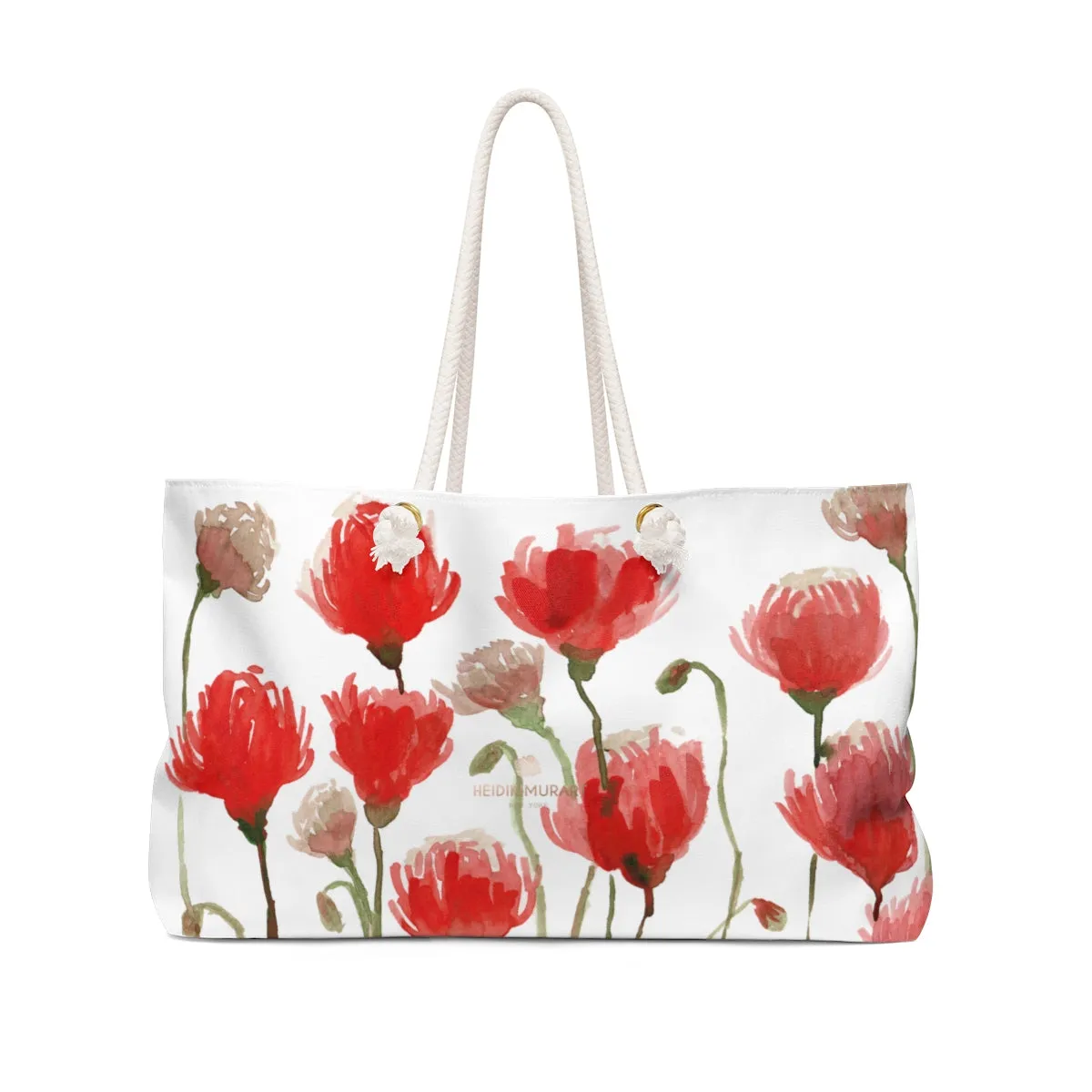 White Red Poppy Floral Bag, Best Flowers Floral Print Oversized Designer 24"x13" Large Weekender Bag