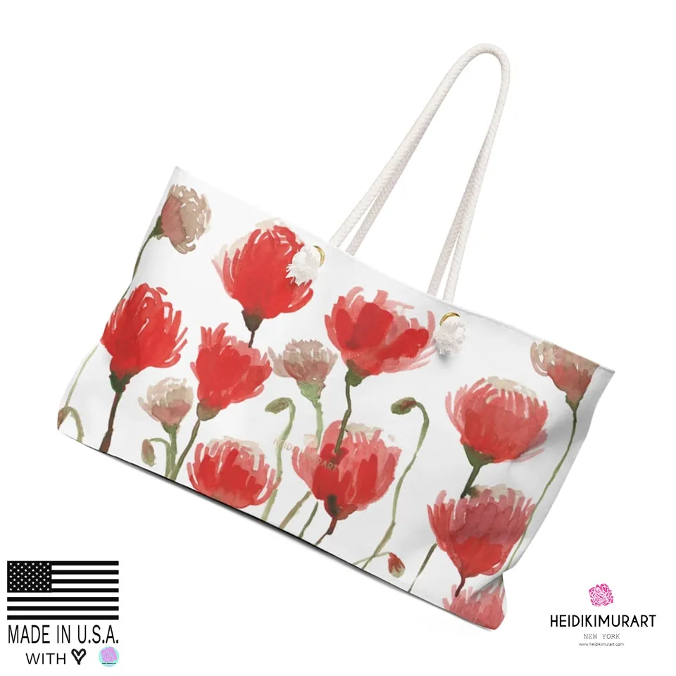 White Red Poppy Floral Bag, Best Flowers Floral Print Oversized Designer 24"x13" Large Weekender Bag