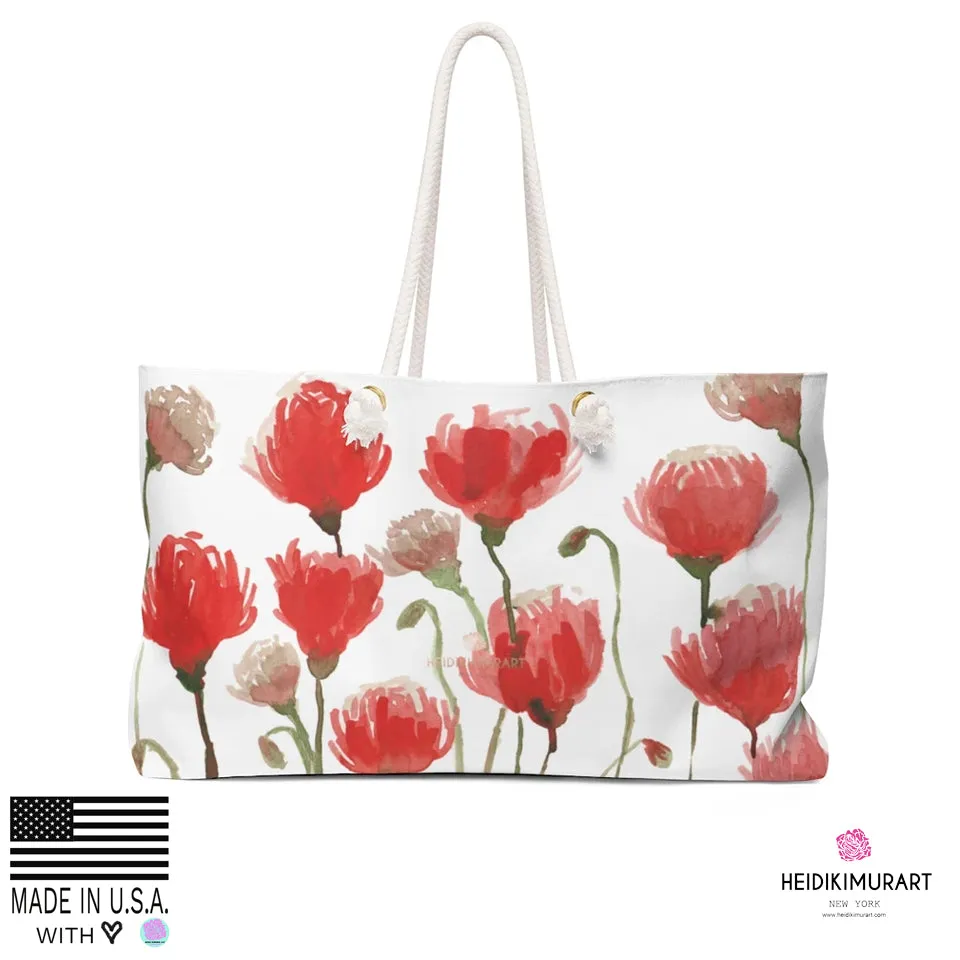 White Red Poppy Floral Bag, Best Flowers Floral Print Oversized Designer 24"x13" Large Weekender Bag