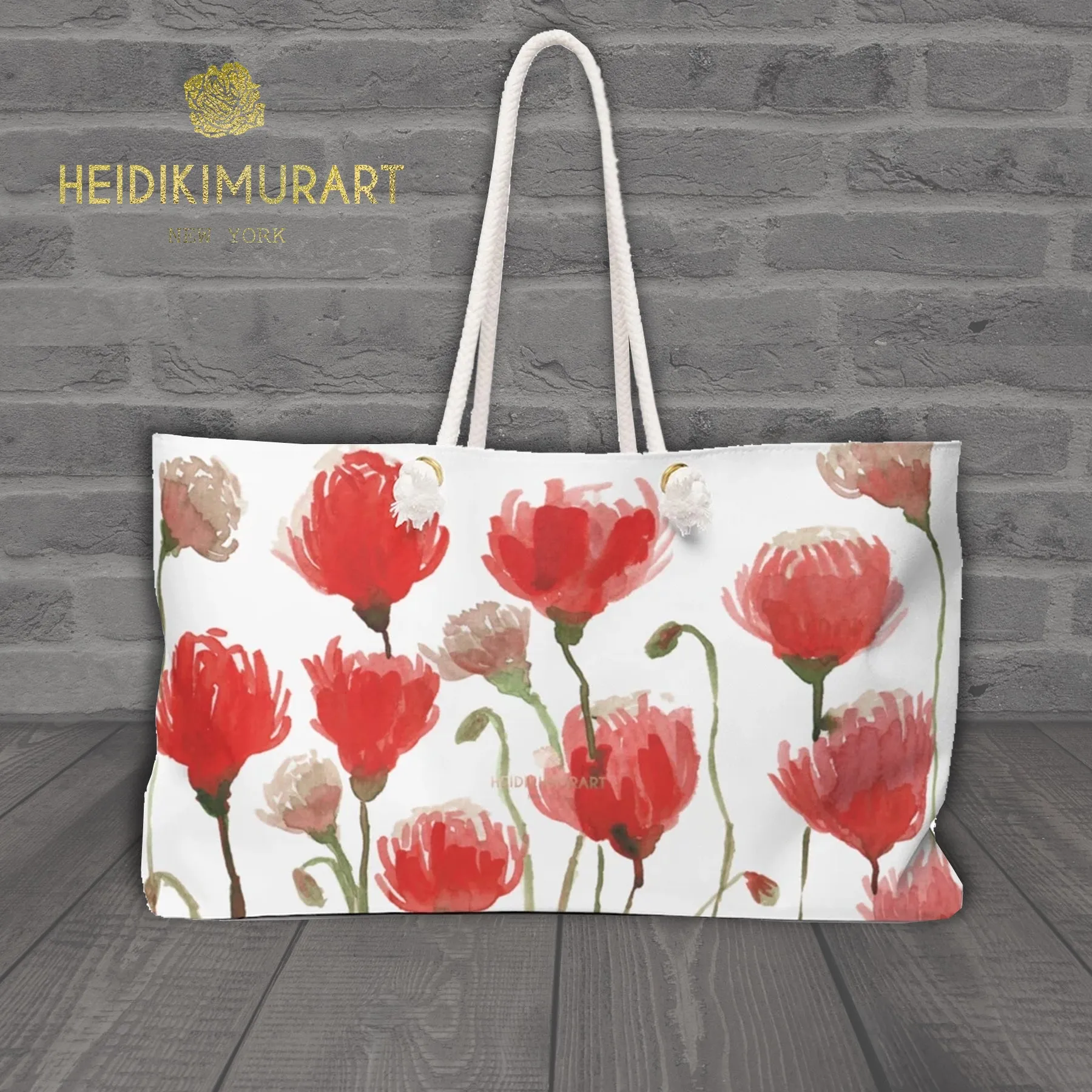 White Red Poppy Floral Bag, Best Flowers Floral Print Oversized Designer 24"x13" Large Weekender Bag