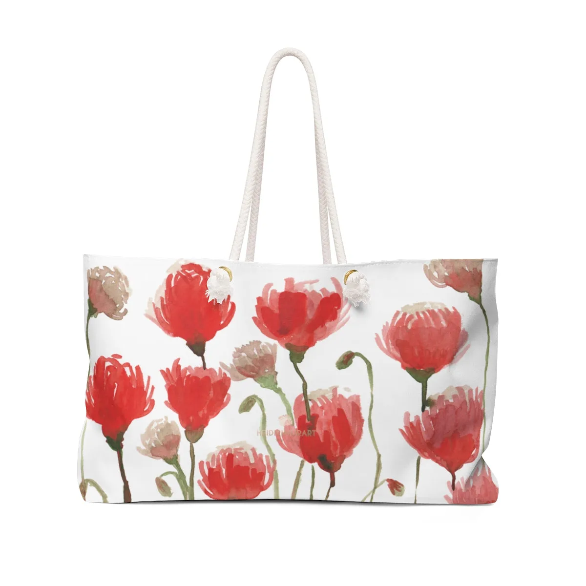 White Red Poppy Floral Bag, Best Flowers Floral Print Oversized Designer 24"x13" Large Weekender Bag