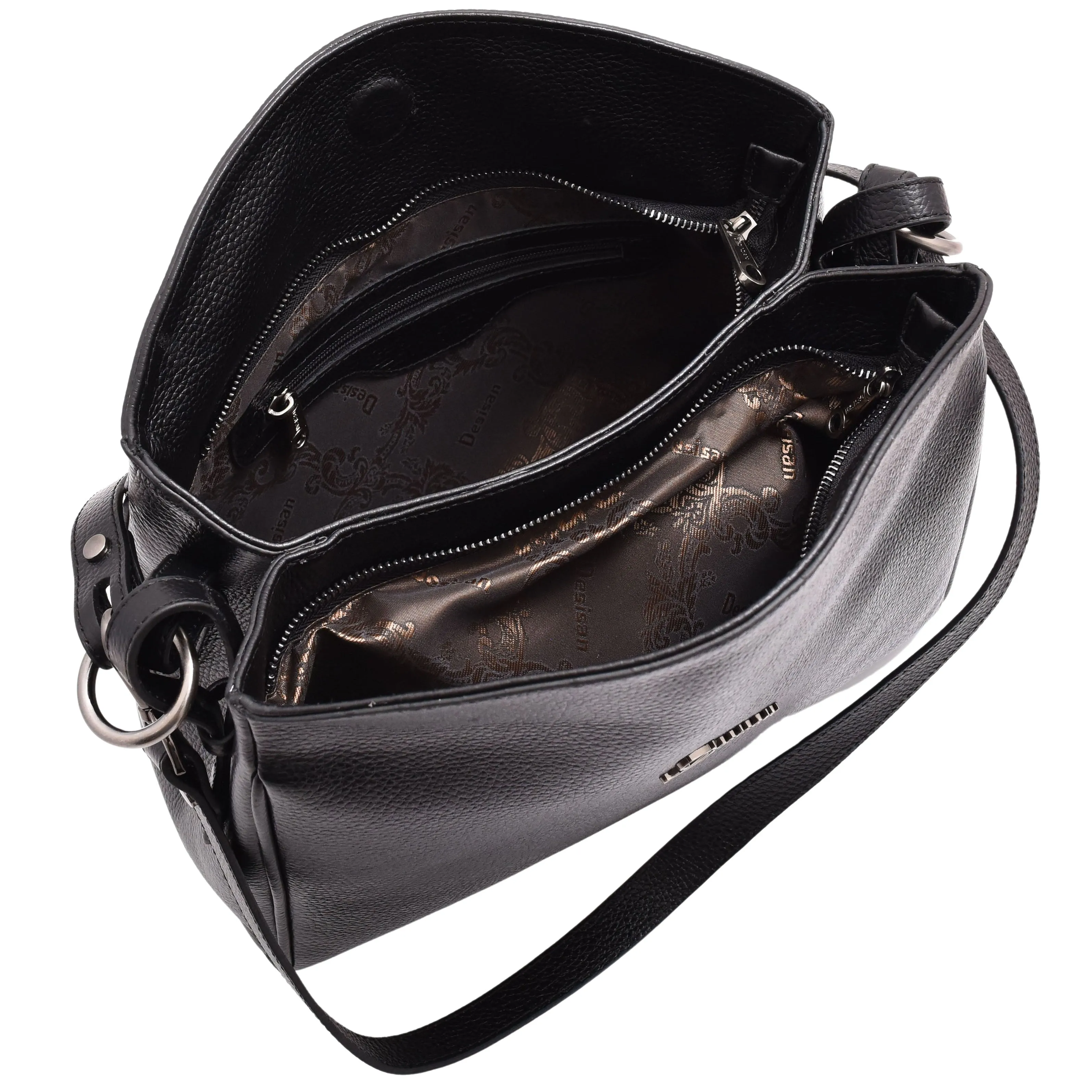 Womens Premium Leather Hobo Bag Shoulder Crossbody Strap Multi Pockets Handbag A5003 Black